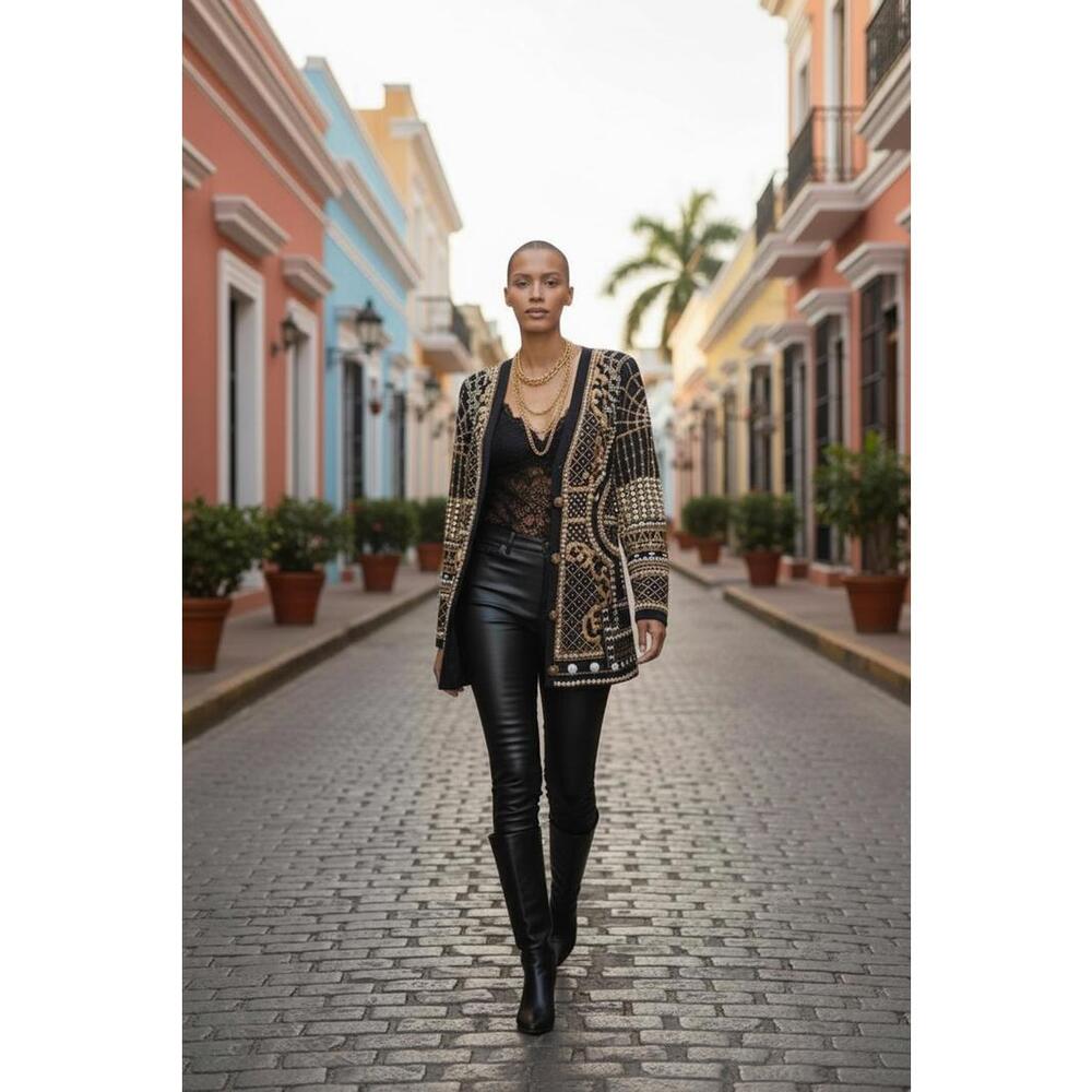 Elegant Black and Gold Embellished Long Sleeve Jacket